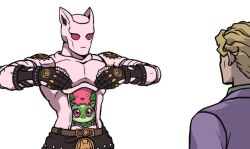  1boy blonde_hair crossover diamond_wa_kudakenai gloves hoppip jacket jojo_no_kimyou_na_bouken kabutom_ue_shi killer_queen kira_yoshikage male_focus partially_fingerless_gloves pokemon pokemon_(creature) purple_jacket purple_suit sprigatito stand_(jojo) suit 