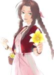  1girl 3wa_tari aerith_gainsborough bangs bracelet braid braided_ponytail brown_hair buttons choker cropped_jacket dress final_fantasy final_fantasy_vii final_fantasy_vii_remake flower flower_basket green_eyes hair_ribbon holding holding_flower jacket jewelry looking_at_viewer lower_teeth open_mouth outstretched_arm parted_bangs pink_dress red_jacket ribbon sidelocks smile solo teeth upper_body white_background yellow_flower 