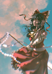  1girl absurdres artist_name ascot black_hair blue_eyes bow chapi- chromatic_aberration closed_mouth commentary_request detached_sleeves frilled_bow frilled_hair_tubes frilled_skirt frills gohei hair_bow hair_tubes hakurei_reimu highres holding holding_gohei long_hair looking_at_viewer making-of_available red_bow red_skirt reimu_day skirt skirt_set solo touhou yellow_ascot 