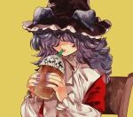  1girl animal_ears blouse chair cup curly_hair drink drinking drinking_straw eyebrows_behind_hair hat holding holding_cup long_hair lowres nail_polish oguanf original ribbon shirt simple_background solo upper_body violet_eyes yellow_background 