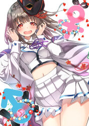  1girl :d absurdres bead_necklace beads blunt_bangs blush braid breasts brown_hair collared_shirt commentary_request cowboy_shot crown_braid dutch_angle eyelashes female_pervert floating_hair fox_mask furrowed_brow hands_up heart heaven_burns_red highres jewelry kiryuu_miya long_hair long_sleeves looking_at_viewer magatama making-of_available mars_symbol mask mask_on_head medium_breasts midriff miniskirt mole mole_under_eye navel neck_ribbon necklace open_mouth pervert pleated_skirt purple_ribbon red_eyes ribbon shirt simple_background skirt smile solo thighs venus_symbol white_background white_shirt white_skirt yoyoyo. 