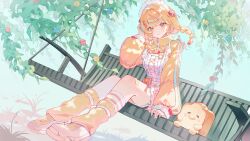  1girl absurdres apron arm_at_side arm_support blonde_hair braid braided_twintails branch character_request closed_mouth commentary copyright_request creature day dutch_angle frilled_apron frills full_body h0kori hair_intakes hand_up highres jacket leg_warmers long_hair long_sleeves maid_apron maid_headdress on_bench orange_eyes outdoors shoes sitting smile sneakers solo star_(symbol) star_in_eye symbol-only_commentary symbol_in_eye twin_braids virtual_youtuber white_apron yellow_jacket yellow_leg_warmers yellow_shoes yellow_theme 