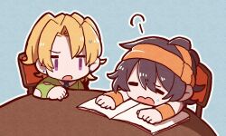  2boys arm_on_table black_hair blonde_hair blue_background book chair chibi chibi_only closed_eyes clothing_cutout commentary earrings headband highres jewelry jitome jojo_no_kimyou_na_bouken kasasagi_(hinagi) long_sleeves male_focus multiple_boys narancia_ghirga necktie open_book open_mouth outline pannacotta_fugo puff_of_air short_hair sweat sweatband symbol-only_commentary table vento_aureo violet_eyes white_outline 