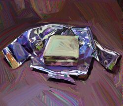  candy candy_wrapper chocolate chocolate_bar commentary dubai_chocolate food food_focus highres no_humans original painterly twulfs 