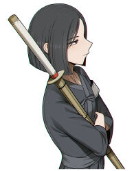  1boy alternate_universe black_eyes black_hair black_kimono commentary_request highres japanese_clothes kimono korean_commentary limbus_company misg1111 project_moon ren_(project_moon) short_hair simple_background solo sword weapon white_background wooden_sword 