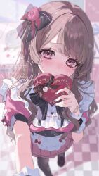 1girl amam_fuka_(vtuber) apron bandaid bandaid_on_hand bib_collar black_bow black_shoes bow box brown_hair collar commentary_request commission dress flower gift gift_box hair_bow hair_flower hair_ornament heart heart-shaped_box heart-shaped_pupils highres holding holding_gift indie_virtual_youtuber long_hair looking_at_viewer pink_dress pink_eyes pink_flower sayuna_sr second-party_source shoes short_sleeves sidelighting solo sweatdrop symbol-shaped_pupils tile_floor tiles valentine virtual_youtuber watermark white_apron white_collar