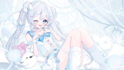  1girl bare_shoulders blue_bow blue_bowtie blue_choker blue_eyes blue_nails bow bowtie braid choker commentary_request commission double_bun frilled_choker frilled_shirt frills hair_bow hair_bun heart heart-shaped_hair heart_hands highres indie_virtual_youtuber leg_warmers long_hair looking_at_viewer lying midriff miniskirt mmmow off-shoulder_shirt off_shoulder on_bed one_eye_closed sample_watermark scrunchie shirt short_sleeves single_braid skirt solo stuffed_toy twintails virtual_youtuber watermark white_bow white_hair white_leg_warmers white_scrunchie white_skirt 