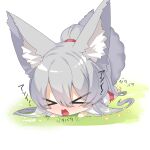  &gt;_&lt; 1girl afterimage animal_ear_fluff animal_ears bangs barefoot big_head blush chibi closed_eyes commentary_request facing_viewer fox_ears fox_girl fox_tail full_body grey_hair hair_between_eyes highres japanese_clothes kimono long_hair long_sleeves lying obi on_grass on_stomach open_mouth original ponytail sash simple_background solo tail translation_request very_long_hair wavy_mouth white_background white_kimono wide_sleeves yuuji_(yukimimi) 
