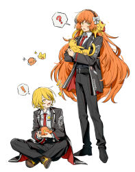  2girls ? absurdres animal animal_on_shoulder animalization black_coat boots bow cat cat_on_shoulder coat don_quixote_(project_moon) green_eyes hair_bow hashtag-only_commentary highres holding holding_animal holding_cat ishmael_(project_moon) lapels limbus_company long_hair multiple_girls notched_lapels open_mouth orange_hair project_moon red_trim sancho_(project_moon) sidelocks simple_background sitting speech_bubble spoken_question_mark sweat umbrella_octopus uzr_akira very_long_hair white_background white_bow white_trim yellow_boots 
