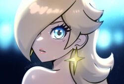  1girl artist_name blonde_hair blue_eyes blurry blurry_background blush commentary earrings english_commentary eyelashes hair_over_one_eye jewelry long_hair looking_at_viewer looking_back muis0802 parted_lips rosalina solo star_(symbol) star_earrings super_mario_bros. the_super_mario_galaxy_movie upper_body 