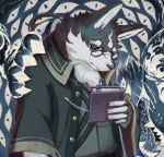  1boy animal_ears black_fur black_sclera blue_eyes book cat chest_tuft collared_coat colored_sclera commentary_request dog_boy dog_ears eyewear_strap furry furry_male glasses grey_background highres holding holding_book itohiro03 low_ponytail male_focus masanori_(housamo) round_eyewear snout solo tokyo_afterschool_summoners two-tone_fur upper_body white_fur 