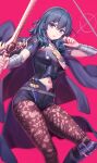  1girl armor bangs blue_eyes blue_hair byleth_(fire_emblem) byleth_eisner_(female) cape deadnooodles fire_emblem fire_emblem:_three_houses gloves highres holding holding_sword holding_weapon long_sleeves looking_at_viewer medium_hair navel open_mouth pantyhose shorts simple_background solo sword sword_of_the_creator weapon 