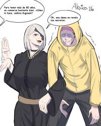  1boy 1girl artist_name black_hair black_kimono black_pants blush brown_eyes commentary_request eyepatch gloom_(expression) grey_hair highres hood hood_up hoodie itadori_yuuji japanese_clothes jewelry jujutsu_kaisen jujutsu_kaisen_modulo kimono kugisaki_nobara long_sleeves multicolored_hair old old_woman pants pink_hair red_lips ring scar scar_on_face simple_background spanish_commentary spanish_text speech_bubble thecooleralexico translation_request two-tone_hair undercut wedding_ring white_background wide_sleeves yellow_hoodie 