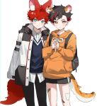  2boys :&lt; absurdres animal_ear_fluff animal_ears aqua_eyes backpack bag bandaid bandaid_on_knee bandaid_on_leg bangs black_hair black_pants black_shorts child collared_shirt copyright_request drawstring dress_shirt feet_out_of_frame fox_boy fox_ears fox_tail hands_up highres hood hood_down hoodie jacket long_sleeves male_child male_focus monza_(saeumon) multicolored_hair multiple_boys orange_eyes own_hands_together pants redhead shirt shorts sleeves_past_fingers sleeves_past_wrists smile standing streaked_hair sweater_vest tail tiger_boy tiger_ears tiger_tail untucked_shirt white_shirt 
