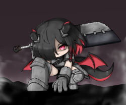  1girl ahoge armor armored_boots belt black_belt black_hair black_horns black_tail black_wings boots braid chibi chibi_only commentary_request cuirass dragon_girl dragon_horns dragon_tail dragon_wings evil_smile full_body gauntlets grey_armor hair_over_one_eye highres holding holding_sword holding_weapon horns huge_weapon korean_commentary leets_(trickcal) looking_at_viewer makka_2000 multicolored_hair multicolored_horns poleyn red_eyes red_hair red_horns red_tail red_wings short_hair shoulder_armor single_braid smile solo superhero_landing sword tail trickcal two-tone_hair two-tone_horns two-tone_tail two-tone_wings weapon wings 