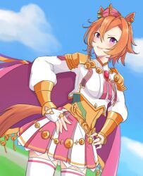  1girl :d animal_ears blue_sky blush breasts brown_hair cape clouds commentary_request cowboy_shot crown day hair_between_eyes highres horse_ears horse_girl horse_tail long_sleeves looking_at_viewer medium_breasts mini_crown outdoors pink_cape pink_skirt pleated_skirt puffy_long_sleeves puffy_sleeves shirt skirt sky smile solo standing t.m._opera_o_(o_sole_suo!)_(umamusume) t.m._opera_o_(umamusume) tail thigh-highs two-tone_skirt umamusume usako_(umauma0602) v-shaped_eyebrows violet_eyes white_shirt white_skirt white_thighhighs 