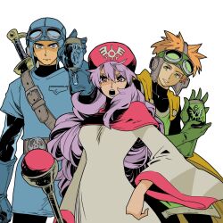  1girl 2boys belt belt_buckle black_bodysuit blonde_hair blue_eyes blue_gloves blue_hat blue_tunic bodysuit buckle cape closed_mouth commentary_request cousins cowboy_shot d_d_work dragon_quest dragon_quest_ii gloves goggles goggles_on_headwear green_eyes green_gloves green_tabard hat highres holding holding_staff long_hair long_sleeves looking_at_viewer multiple_boys open_mouth parted_lips pink_hood prince_of_lorasia prince_of_samantoria princess_of_moonbrook purple_hair robe short_hair staff sword sword_on_back tabard tunic turtleneck turtleneck_bodysuit weapon weapon_on_back white_background white_robe wide_sleeves yellow_cape 