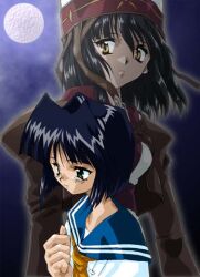  2girls bad_id black_hair blue_sailor_collar brown_cloak cloak closed_mouth edifel full_moon green_eyes hand_up hat kashiwagi_kaede kizuato lowres moon multiple_girls neckerchief night projected_inset sailor_collar school_uniform serafuku shiro_nishiki_(maze-ex) shirt white_shirt yellow_eyes yellow_neckerchief 
