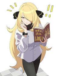  1girl blonde_hair blush book breasts commentary_request cynthia_(pokemon) grey_eyes hair_ornament hair_over_one_eye highres holding holding_book long_hair long_sleeves looking_at_viewer mijukuma open_book open_mouth pants pokemon pokemon_dppt pokemon_platinum shirt simple_background smartwatch solo very_long_hair watch watch 