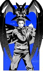  1boy 418monami akiyama_ren belt coat commentary_request contract_monster darkwing henshin_pose highres holding jacket kamen_rider kamen_rider_ryuki_(series) looking_at_viewer male_focus pants partially_colored rider_belt shirt short_hair solo_focus wings 