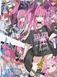  absurdres belt_collar black_shirt blue_eyes chain chain_bracelet collar commentary dragon_horns dragon_tail drum drum_set ear_piercing electric_guitar eliza_the_nine-tattooed_dragon_(fate) elizabeth_bathory_(brave)_(fate) elizabeth_bathory_(cinderella)_(fate) elizabeth_bathory_(fate) elizabeth_bathory_(halloween_caster)_(fate) elizabeth_bathory_(japan)_(fate) elizabeth_bathory_(perfect)_(first_ascension)_(fate) elizabeth_of_the_end_(fate) fang fate/grand_order fate_(series) gloves guitar hair_bun heart highres holding holding_instrument holding_violin horns instrument long_hair mecha_eli-chan_(fate) mecha_eli-chan_mk.ii_(fate) microphone microphone_stand music piercing pink_hair playing_instrument pointy_ears red_hair shirt skin_fang smile tail tiara user_jnca2527 violin white_gloves 