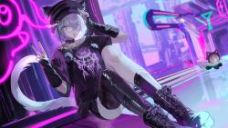  1girl :p absurdres animal_ears arm_warmers beanie black_arm_warmers black_boots black_hat black_shirt black_socks black_thighhighs blue_eyes boots cat_ears cat_girl cat_tail collar commission final_fantasy final_fantasy_xiv grey_hair hat highres jewelry kneehighs looking_at_viewer miqo'te necklace on_floor shikina_(mochigushi_) shirt short_hair short_sleeves signature single_kneehigh single_sock single_thighhigh sitting skeb_commission socks solo spiked_collar spikes striped_hat t-shirt tail thigh-highs tongue tongue_out v warrior_of_light_(ff14) 