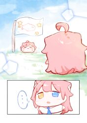  :3 ahoge animal_ear_fluff animal_ears animal_print blue_archive blue_eyes blue_necktie blue_sky cat_ears cat_tail chibi commentary_request fish_print flag heterochromia highres hoshino_(blue_archive) long_hair necktie open_mouth pink_hair sky speech_bubble star_(symbol) tail urode yellow_eyes 