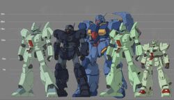  arms_at_sides assault_visor blue_visor char's_counterattack clenched_hands commentary_request full_body green_visor grey_background gundam gundam_f91 gundam_hathaway's_flash gundam_unicorn gustav_karl heavygun height_mark highres hiwa_industry jegan jegan_d_type jesta mecha mecha_focus missile_pod mobile_suit no_humans orange_visor radio_antenna red_visor robot science_fiction size_comparison standing thrusters watermark 