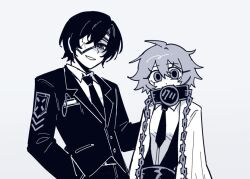  1boy 1girl ahoge cape chain chayre5792 collar collared_shirt cuffs-to-collar don_quixote_(project_moon) empty_eyes greyscale index_(identity)_(project_moon) jacket lapels limbus_company looking_at_viewer monochrome necktie notched_lapels open_mouth parted_bangs project_moon shirt smile wide-eyed yi_sang_(project_moon) 