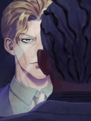  1boy blonde_hair buzz_cut diamond_wa_kudakenai formal_clothes highres jojo_no_kimyou_na_bouken kira_yoshikage looking_at_mirror male_focus mirror multicolored_hair necktie pinstripe_pattern pinstripe_shirt purple_suit reflection rr9pt76u5phwgqx shirt short_hair solo split_theme suit two-tone_hair very_short_hair 