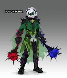  1boy armor armored_boots black_armor black_boots black_pants blue_trim boots bouquet breastplate cape capelet coat covered_eyes drop_shadow dual_wielding english_text faceplate gauntlets gradient_background green_cape green_capelet green_coat green_helmet grey_background helmet high_collar highres holding holding_mace holding_weapon jimboartso mace male_focus pants parted_hair pauldrons personification poison_point_(pokemon) pokemon red_eyes red_trim roserade shoulder_armor signature spiked_armor spikes swept_bangs thorns turning_head visor_(armor) wavy_hair weapon white_hair 