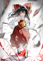  1girl absurdres ascot bow brown_hair commentary detached_sleeves frilled_bow frilled_hair_tubes frilled_skirt frills full_body gohei hair_bow hair_tubes hakurei_reimu highres holding holding_gohei kurukuru1202kr long_hair looking_at_viewer magic_circle ofuda red_bow red_eyes red_skirt ribbon-trimmed_sleeves ribbon_trim sandals skirt skirt_set smile socks solo touhou white_socks yellow_ascot 