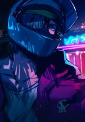  1boy aqua_eyes biker_(hotline_miami) collarbone commentary english_commentary green_headband hair_over_one_eye headband helmet highres hotline_miami jacket looking_to_the_side male_focus motorcycle_helmet neon_lights night one_eye_covered open_clothes open_jacket outdoors purple_jacket shirt sideways_glance solo tatsu_(tatsumccree) twitter_username upper_body white_shirt 