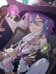  1boy aqua_hair book brown_headwear chain frilled_sleeves frills gem highres holding holding_book holding_quill kamishiro_rui long_sleeves looking_at_viewer male_focus medium_hair multicolored_hair nes_(nes_402) open_book project_sekai purple_hair quill smile steampunk streaked_hair yellow_eyes 