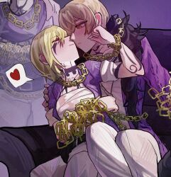  1boy 1girl arm_at_side arm_tattoo arm_under_breasts behind_another belt black_belt blonde_hair breasts chain chain_around_arm chest_tattoo closed_mouth couch couple don_quixote_(project_moon) facing_another fur-trimmed_shirt fur_trim gold_chain hair_over_one_eye hand_on_another's_shoulder hand_up hashtag-only_commentary heart hetero lapels light_smile limbus_company looking_at_another medium_breasts meng_luoo middle_(identity)_(project_moon) open_clothes open_shirt pants project_moon purple_background purple_shirt sarashi shirt short_hair sinclair_(project_moon) sitting sitting_between_legs sleeves_rolled_up spoken_heart tattoo tsurime v-neck white_pants yellow_eyes 