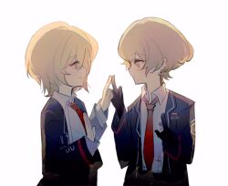  1boy 1girl black_gloves black_jacket black_sleeves blonde_hair closed_mouth collared_shirt don_quixote_(project_moon) dress_shirt eyelashes gloves hands_up hashtag-only_commentary id_card index_finger_raised index_fingers_together jacket kan_084 lapels layered_sleeves light_blush limbus_company long_sleeves looking_at_another necktie open_clothes open_hand open_jacket project_moon red_necktie red_trim shirt short_hair sideways_mouth sinclair_(project_moon) smile suit_jacket tareme undershirt white_background white_shirt white_sleeves yellow_eyes 