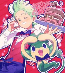  1boy :3 :d black_bow black_bowtie bow bowtie buttons cilan_(pokemon) collared_shirt cowboy_shot gingham_background gingham_bowtie green_eyes green_hair grin heart highres long_sleeves looking_at_viewer male_focus one_eye_closed open_mouth outline pansage pokemon pokemon_(creature) pokemon_bw red_background red_vest serizawa_serizane shirt short_hair smile sparkle vest white_outline white_shirt 