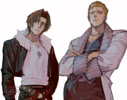  2boys black_gloves black_jacket black_pants blonde_hair blue_eyes blue_vest brown_hair closed_mouth coat cowboy_shot cropped_jacket crossed_arms crossed_belts final_fantasy final_fantasy_viii fur-trimmed_jacket fur_trim gloves grey_coat hair_between_eyes hair_slicked_back hand_on_own_hip highres jacket jewelry male_focus multiple_boys necklace nini_tw99 pants parted_bangs scar scar_on_face scar_on_forehead seifer_almasy shirt short_hair silver_necklace squall_leonhart standing twitter_username vest white_background white_shirt 