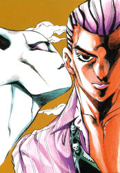  1boy 1other araki_hirohiko black_eyes black_hair cheekbones clouds cloudy_sky collared_shirt colored_sclera crosshatching diamond_wa_kudakenai hatching_(texture) highres jojo_no_kimyou_na_bouken killer_queen kira_yoshikage kira_yoshikage_(bites_the_dust) makeup male_focus multicolored_hair multicolored_necktie necktie official_alternate_costume official_art pink_hair pink_lips pink_sclera pink_shirt shirt sky stand_(jojo) striped_clothes striped_shirt two-tone_hair yellow_sky 