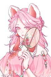  1girl animal_ears artist_name bare_shoulders bracelet breasts chinese_clothes chinese_commentary commentary_request detached_collar dress dress_flower earrings eyelashes flower flower-shaped_pupils hair_ornament hair_stick half_updo hand_fan hand_up highres holding holding_fan identity_v jewelry lips liuyan_hz long_hair mandarin_collar medium_breasts mole mole_under_eye official_alternate_costume pink_dress pink_eyes pink_hair pink_nails simple_background solo swept_bangs symbol-shaped_pupils tassel tassel_earrings tuanshan upper_body vera_nair white_background 