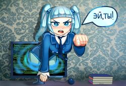  1girl angry artist_request blue_coat blue_eyes blue_hair blue_necktie blue_pants blush coat collar computer_mouse cube_hair_ornament fingernails fourth_wall frilled_collar frilled_shirt_collar frills hair_ornament long_hair long_sleeves monitor necktie non-web_source notebook open_mouth pants rkn-chan roskomnadzor russian_text solo tongue twintails v-shaped_eyebrows 