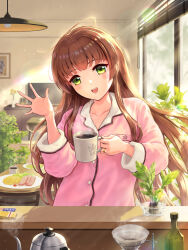  1girl blunt_bangs brown_hair commentary_request commission counter cup dining_room food green_eyes helena_(kancolle) highres indoors isasin929 kantai_collection mug pajamas pink_pajamas pink_shirt shirt skeb_commission smile solo television upper_body waving window 