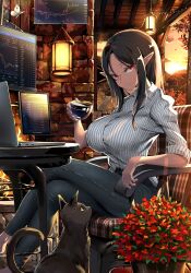  1girl absurdres animal black_hair breasts cat chair computer cup dark-skinned_female dark_skin denim elf flower highres jeans lamp laptop large_breasts long_hair miyu_(miyu_heuung) monitor original pants pointy_ears red_eyes serious sitting sun sunset terrace 