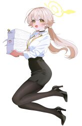  1girl absurdres alternate_costume black_choker black_pantyhose black_shoes black_skirt blue_archive breasts brown_hair choker collared_shirt doodle_sensei_(blue_archive) dress_shirt earrings full_body hair_ornament halo hifumi_(blue_archive) high_heels highres holding id_card jewelry lanyard long_hair long_sleeves looking_at_viewer low_twintails office_lady open_mouth pantyhose paper_stack pencil_skirt peroro_(blue_archive) sensei_(blue_archive) shirt shirt_tucked_in shoes shusuchii simple_background skirt smile solo stiletto_heels stud_earrings sweatdrop twintails white_background white_shirt yellow_eyes yellow_halo 