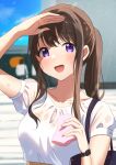  1girl arm_up bag brown_hair crop_top day eyebrows_behind_hair highres hot long_hair looking_at_viewer open_mouth original outdoors pink_eyes ponytail shading_eyes shirt short_sleeves smile solo sweat upper_body watch watch white_shirt yupi_mild 