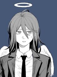  1boy angel_devil_(chainsaw_man) angel_wings blue_background chainsaw_man collared_shirt commentary_request greyscale_with_colored_background hair_between_eyes halo jacket long_hair looking_to_the_side male_focus necktie rigeshita shirt short_hair simple_background solo straight-on suit_jacket upper_body wings 