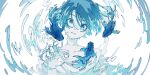  1girl absurdres blue_theme fish from_below goldfish highres lamer_o_n looking_at_viewer monochrome original ripples short_hair simple_background solo underwater 