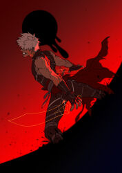  1boy archer_(fate) armor breastplate commentary_request dark-skinned_male dark_skin darkness fate/grand_order fate_(series) fingerless_gloves g0ringo gloves highres kanshou_&amp;_bakuya_(fate) male_focus mud solo white_hair 