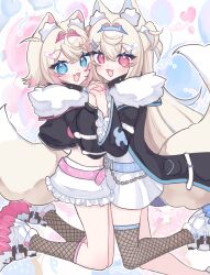  2girls :d absurdres animal_ear_fluff animal_ears balloon bandaid bandaid_hair_ornament belt blonde_hair blue_belt blue_eyes blue_streaks blush cropped_jacket dog_ears dog_girl dog_tail dress fang fishnet_socks fishnet_thighhighs fishnets frilled_shorts frills fur-trimmed_jacket fur_trim fuwawa_abyssgard fuwawa_abyssgard_(1st_costume) hair_ornament highres hololive hololive_english interlocked_fingers jacket long_hair long_sleeves looking_at_viewer mococo_abyssgard mococo_abyssgard_(1st_costume) multiple_girls pink_belt pink_eyes pink_streaks short_hair shorts siblings single_fishnet_legwear sisters skin_fang smile socks tail thigh-highs virtual_youtuber white_dress white_shorts yamiescupid 