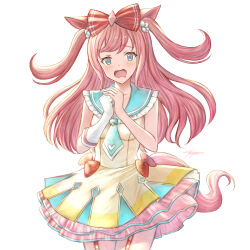  1girl agnes_digital_(umamusume) animal_ears blue_eyes blue_necktie blue_sailor_collar blush bow breasts collarbone commentary_request dress garter_straps hair_bow horse_ears horse_girl horse_tail long_hair looking_at_viewer mugen_kageno necktie open_mouth pink_hair prototype_design red_bow sailor_collar simple_background sleeveless sleeveless_dress small_breasts solo tail umamusume white_background yellow_dress 